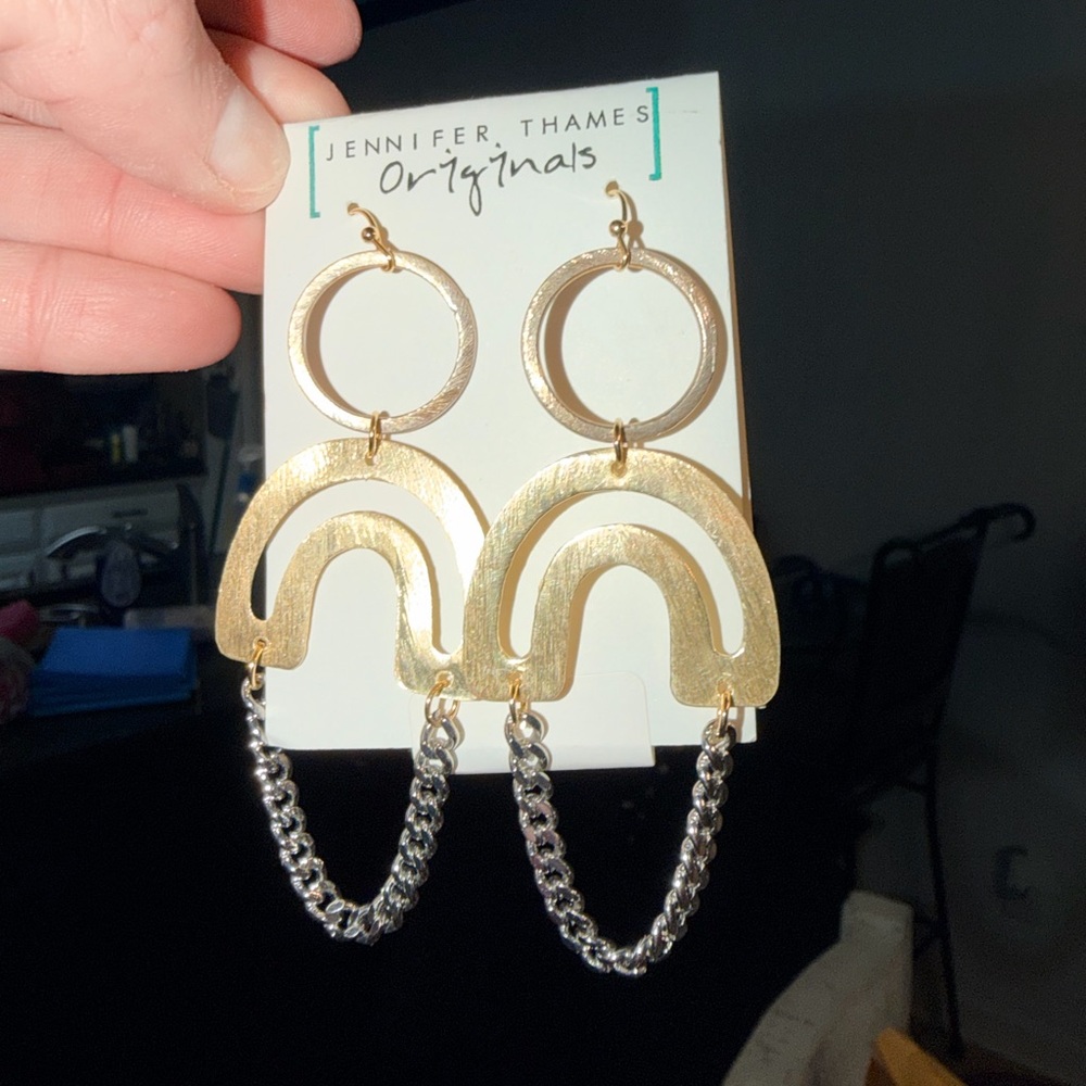 Jennifer Thames Mixed Metal Arch and Chain Earrings STATEMENT Jewelry